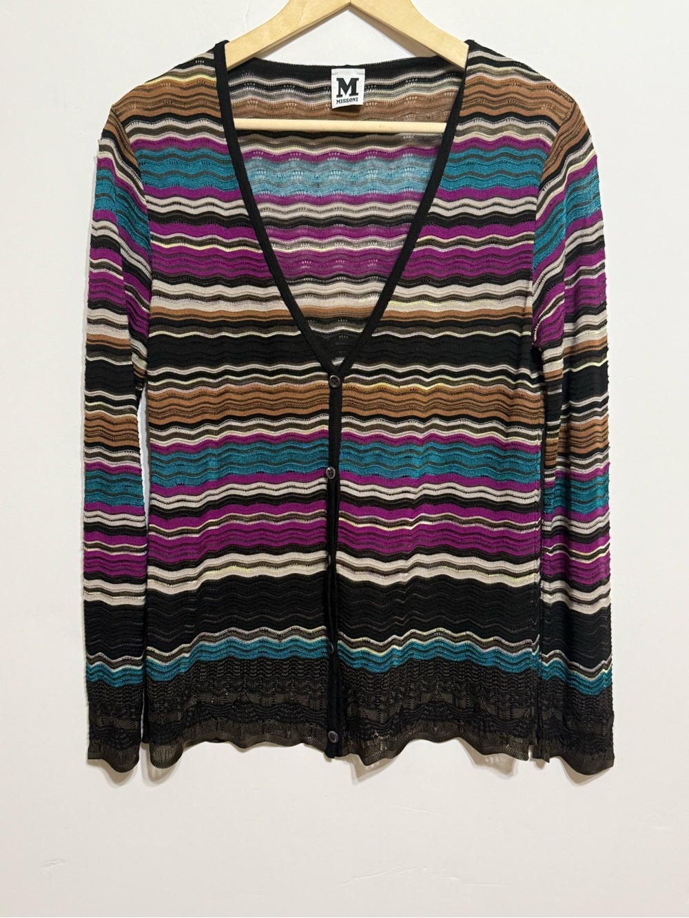 M Missoni lightweight multi-colored zig zag striped pattern V-neck cardigan